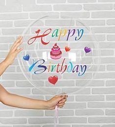 Шар прозрачный - Happy Birthday с тортиком - 18"