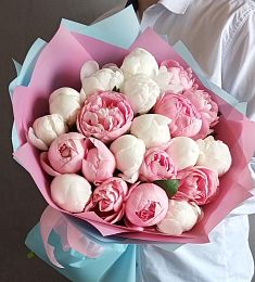 Букет из 21 белого и розового пиона в оформлении